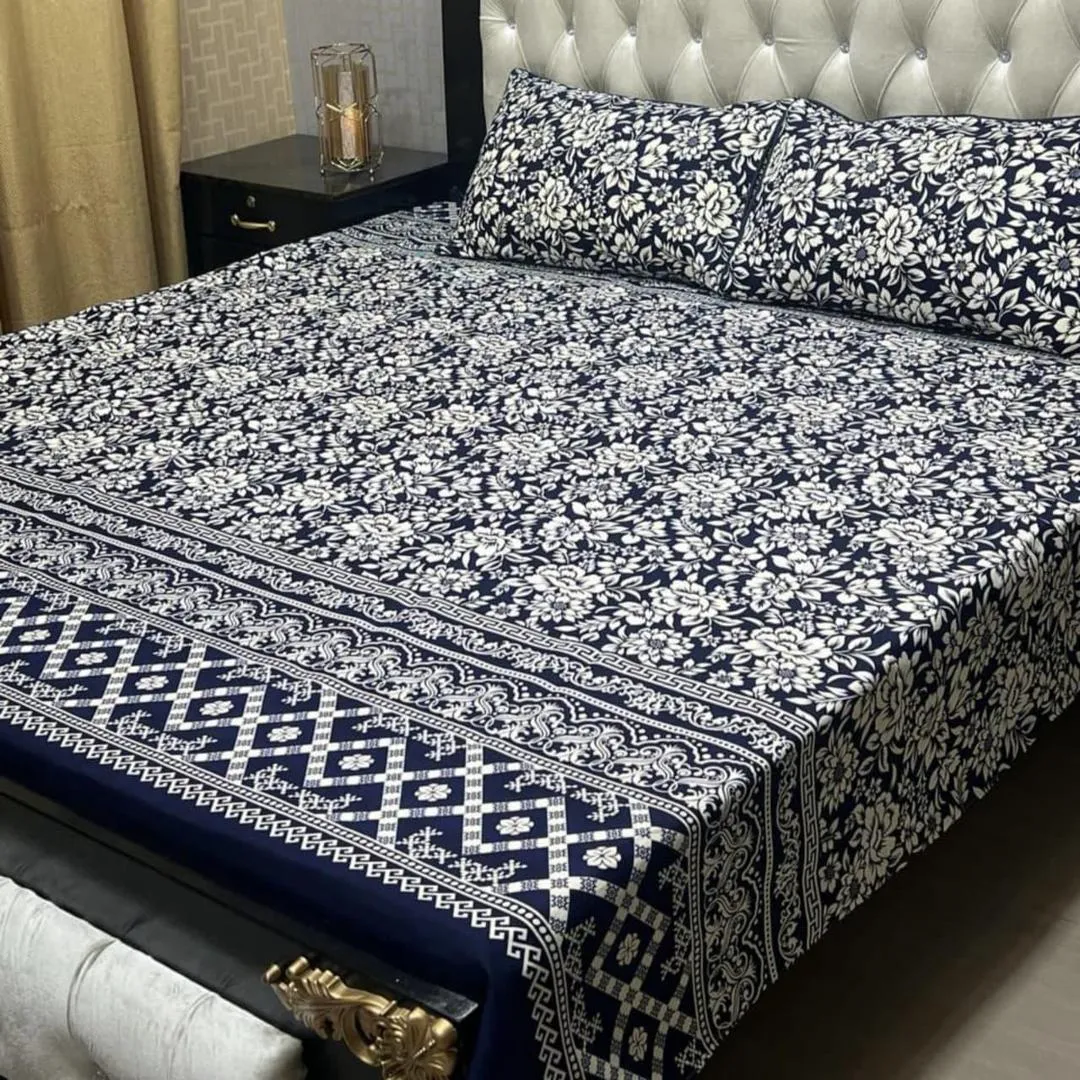 Premium Blue Cotton Bedding - Double Bed 3 Pcs Set