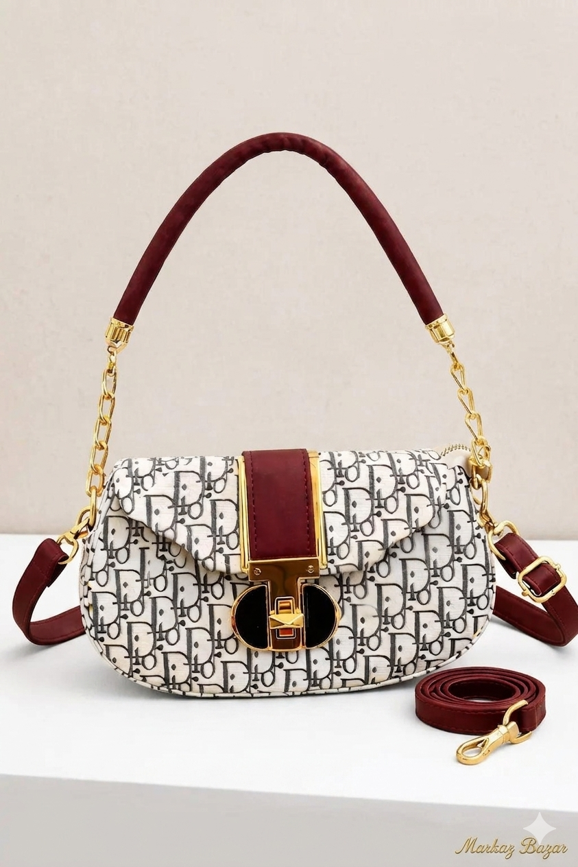 Maroon Leather Shoulder Bag - Gold Hardware Women's Purse