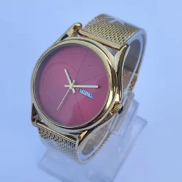 Men’s Gold Mesh Watch with Pink Dial and Date Display