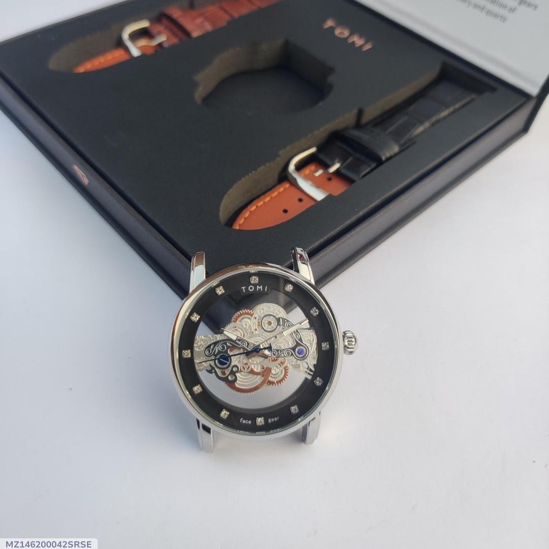 Men's Stainless Steel Watch Set with 2 Straps