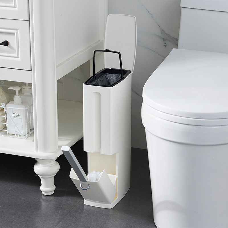 Modern Toilet Brush & Trash Can Set White Plastic - Image 2