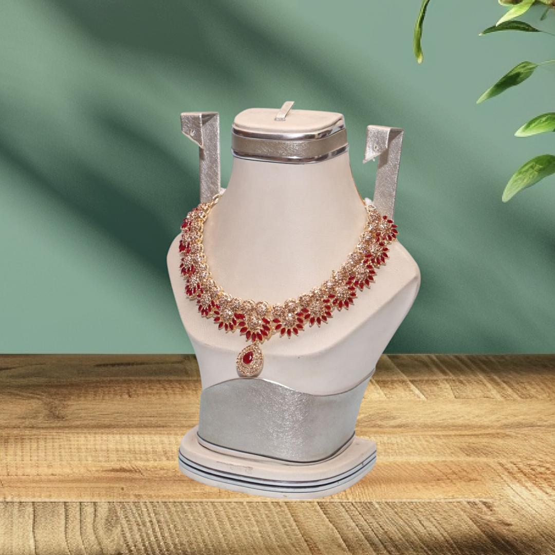 Red Crystal Bridal Necklace Set in Pakistan | Gold Plated - Image 2