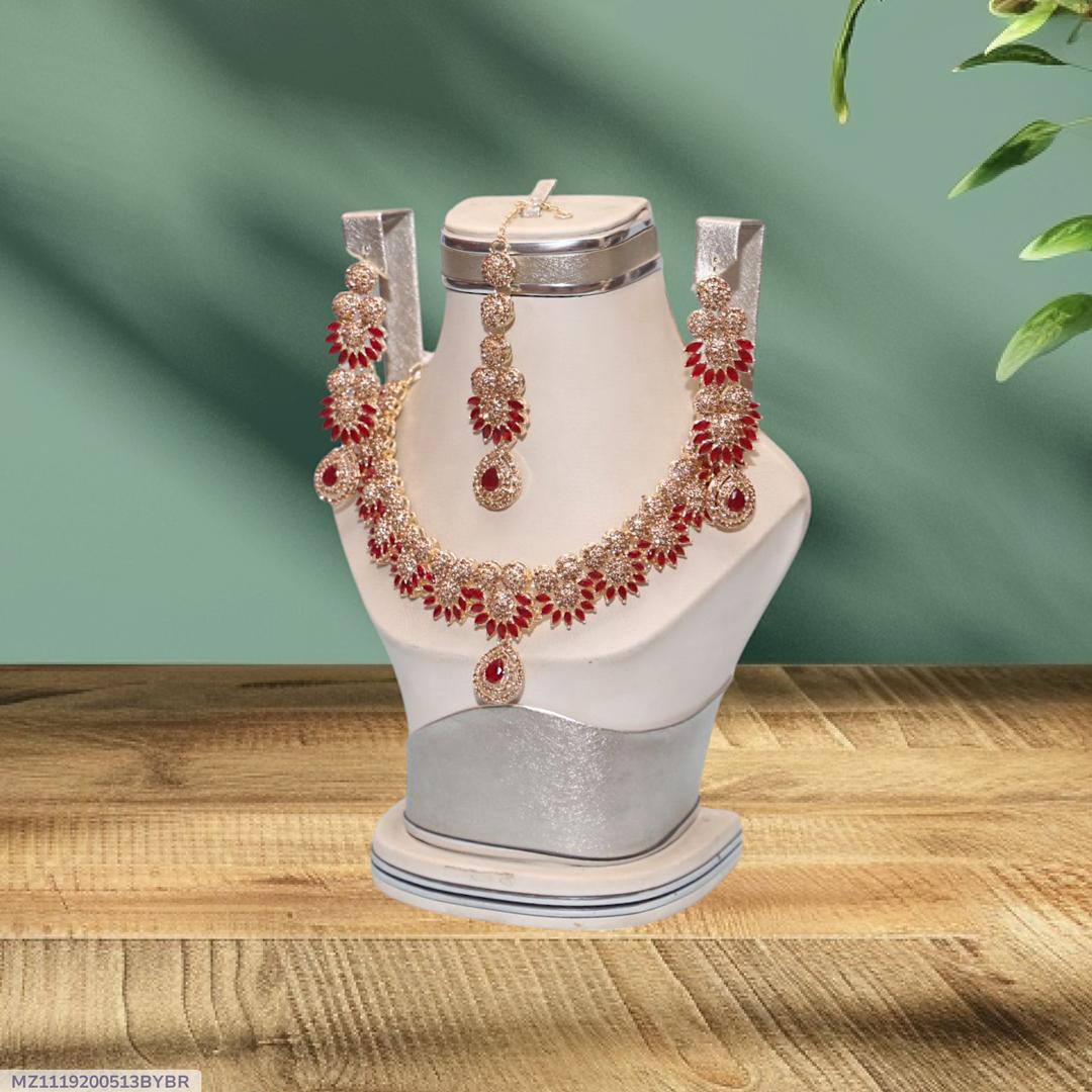 Red Crystal Bridal Necklace Set in Pakistan | Gold Plated - Image 4