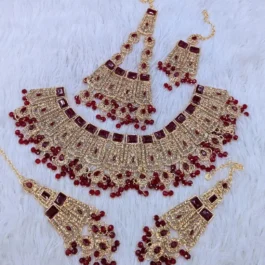 Red Zircon Bridal Set for Women in Pakistan | Gold 5 Pcs Jewelry