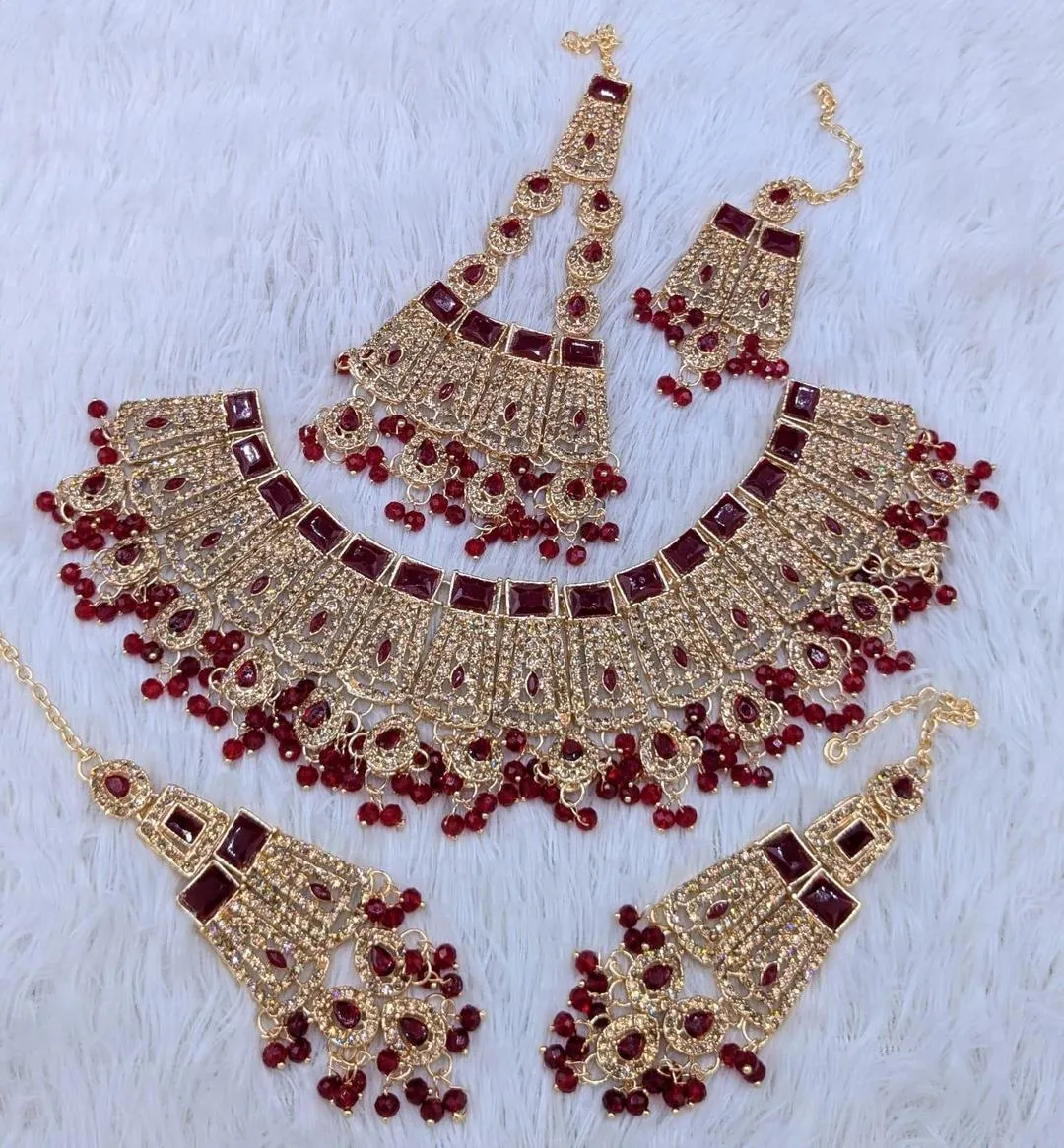 Red Zircon Bridal Set for Women in Pakistan | Gold 5 Pcs Jewelry
