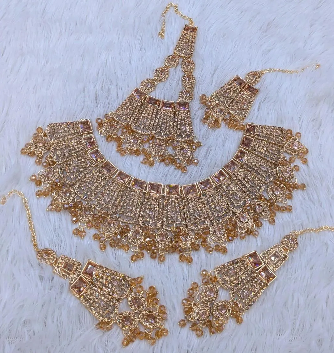 Red Zircon Bridal Set for Women in Pakistan | Gold 5 Pcs Jewelry - Image 2