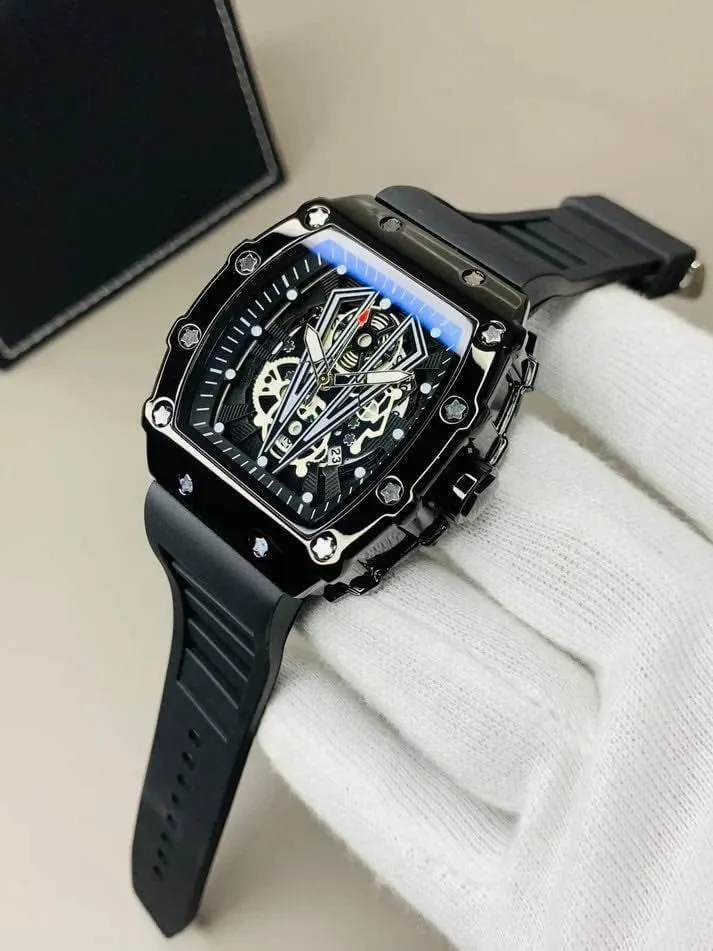 Richard Black Belt Skeleton Watch Black Rubber Strap - Image 2