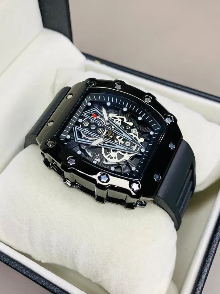 Richard Black Belt Skeleton Watch Black Rubber Strap
