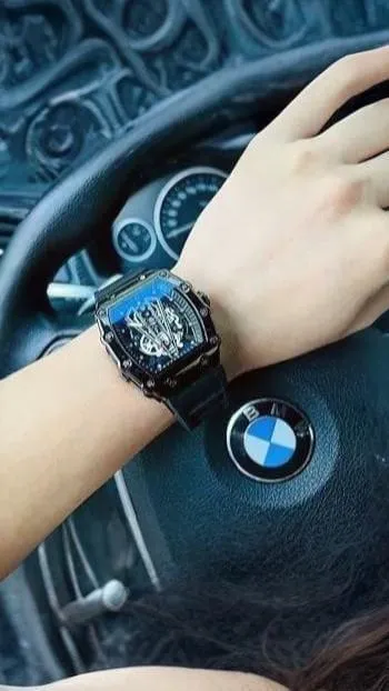 Richard Black Belt Skeleton Watch Black Rubber Strap - Image 6