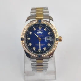 Stainless Steel Luxury Watch with Blue Dial & Diamonds