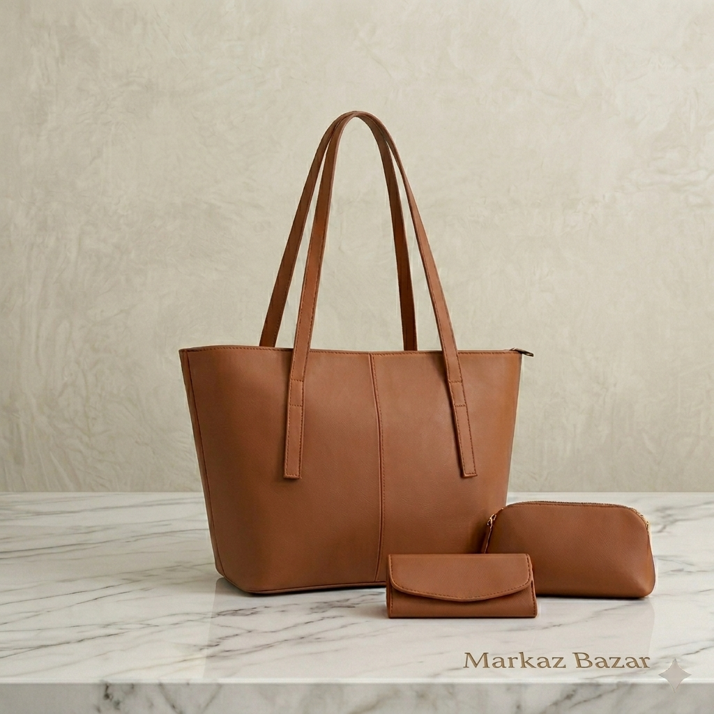 TBM Tote Bag Set - 3-Piece Brown Rexine Fashion Collection