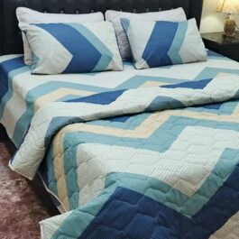 Blue Geometric Comforter Set – 6 Pcs Quilted Double Bedding