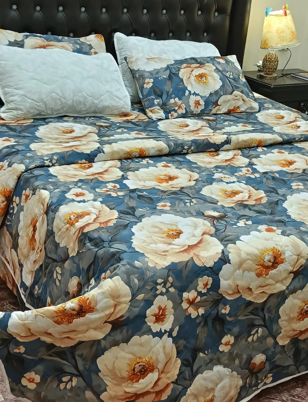 Blue Floral King Bedsheet - 6 Pcs Luxury Cotton Comforter Set