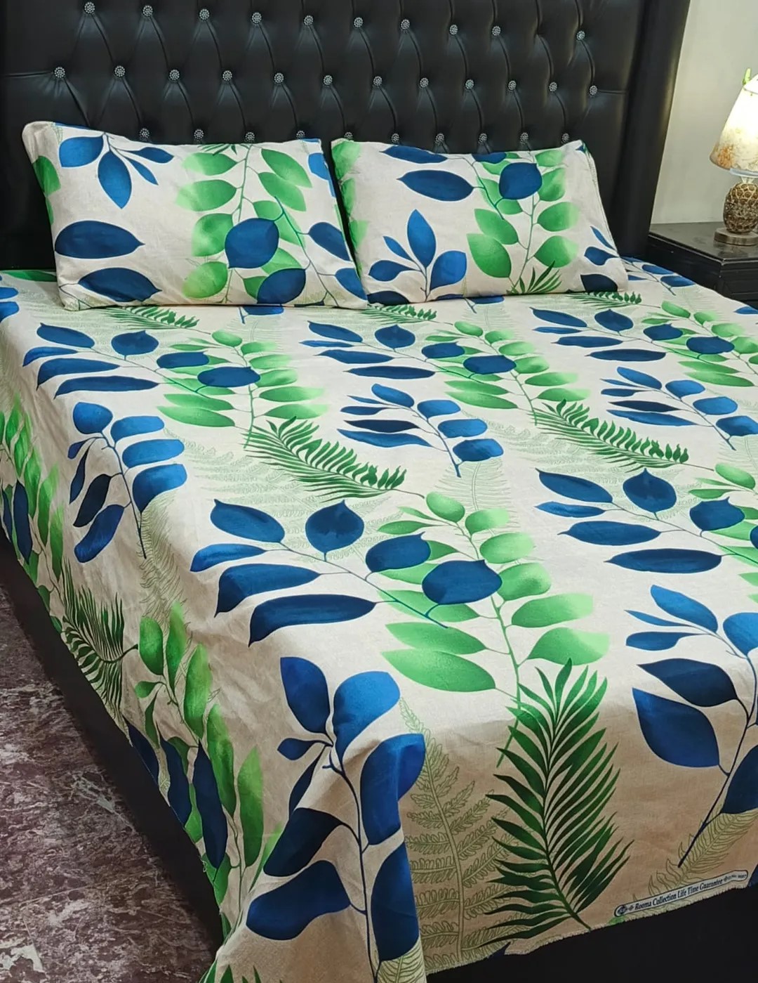Blue Leaf King Bedsheet - 3 Pcs Crystal Cotton Set